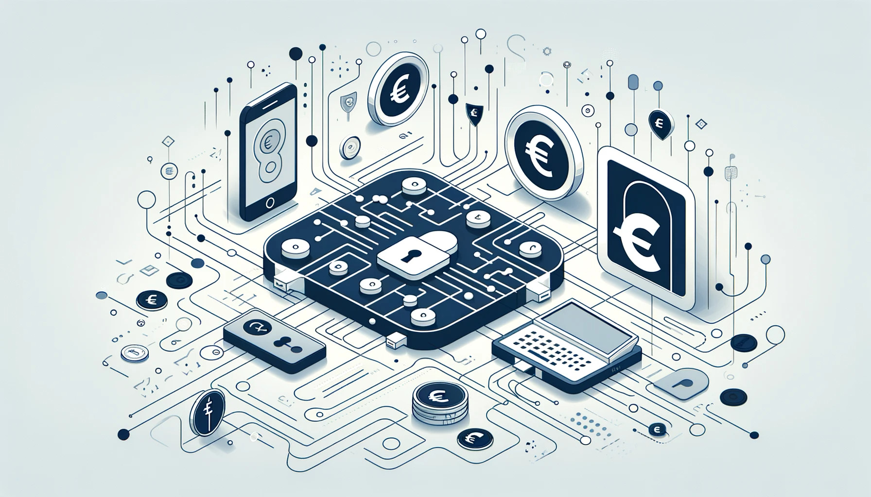 Minimalistisches, modernes Design, das sichere Banktechnologien darstellt, mit abstrakten Symbolen für sichere Programmierschnittstellen, digitalen Schlössern und verschlüsselten Datenströmen, subtil integrierten Euro-Symbolen, repräsentativ für Online-Banking im Euro-Raum.