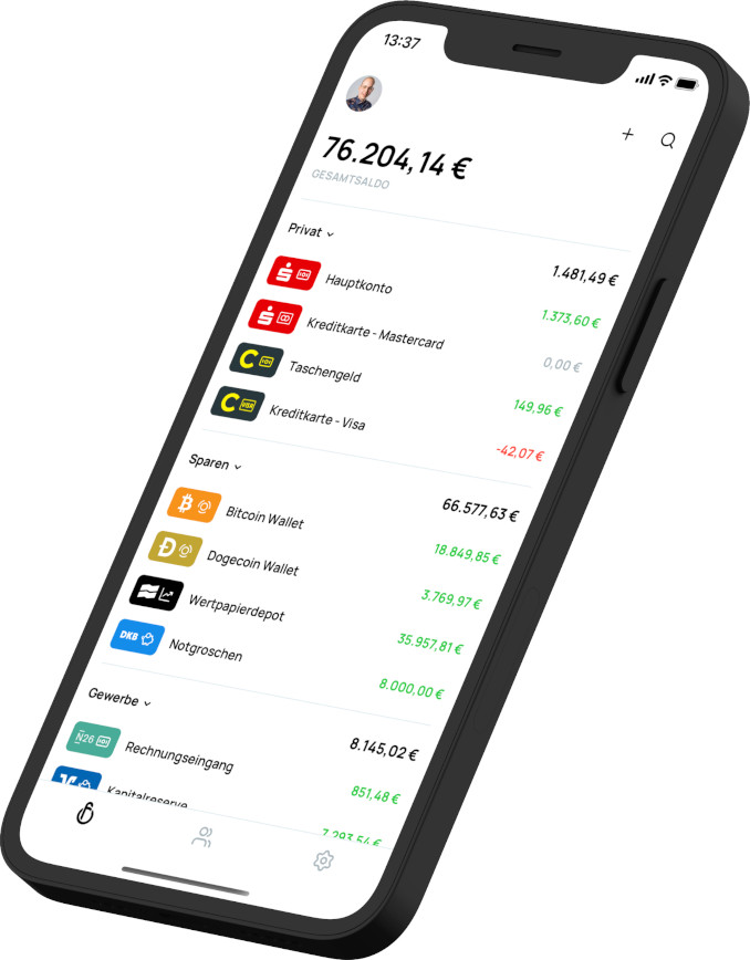 Hauptansicht der App mit einer Auflistung aller Bankkonten und Finanzprodukte